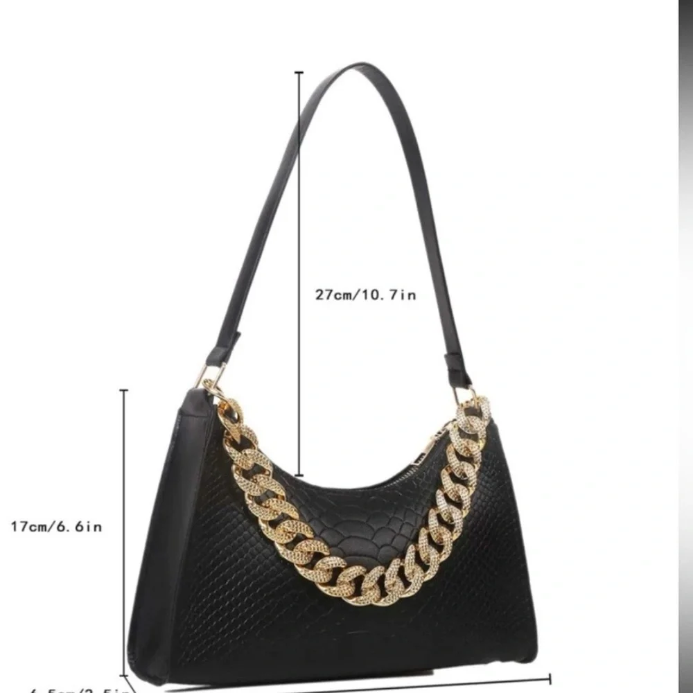 Black Croc-Embossed Shoulder Bag with Gold Chain